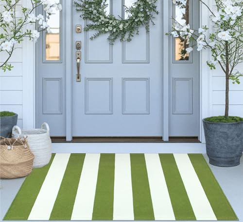 Green and White Layered Doormat 2.3'x3.6,Machine Washable Porch Rug Cotton Woven Striped Farmhouse Small Area Rug for Porch/Home Entrace Decor/Bedroom/Layered Door Mats - color: Green White, size: 2'4" x 3'7" (Rectangular)