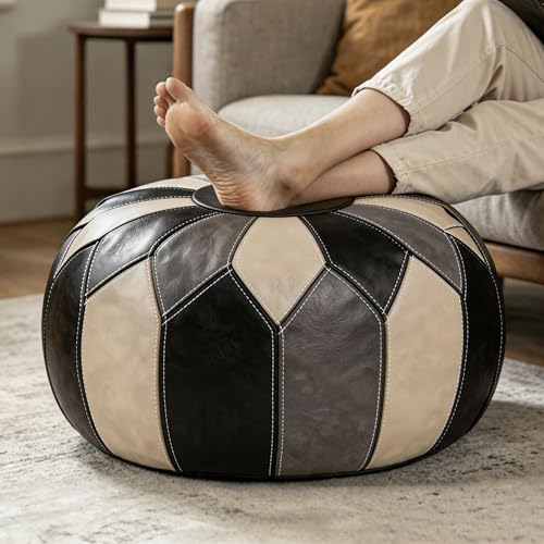 Thgonwid Round Unstuffed Pouf Cover, Faux Leather Storage Ottoman, Boho Moroccan Foot Stool, Multi-Purpose Home Decor for Living Room, Bedroom and Balcony, Black Grey, No Filling Included - color: Black Grey（no Stuffing）
