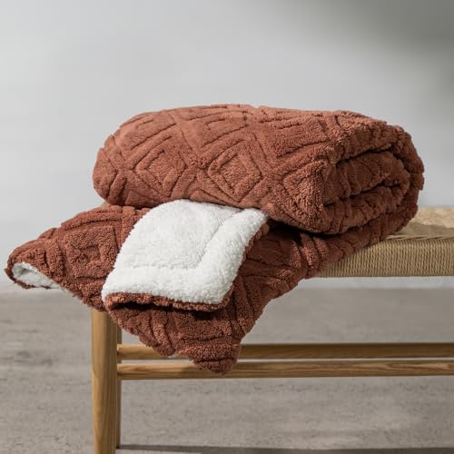 EverGrace Jacquard Boho Sherpa Fleece Throw Blanket for Couch, Super Soft Cozy Fuzzy Plush Blankets for All Seasons, Reversible Thick Warm Blanket for Bed, Sofa, Living Room, Terracotta, 50" x 60" - color: Terracotta, size: 50x60 Inches
