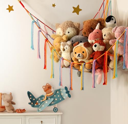 Stuffed Animal Hammock Corner Storage Net Cute Preppy Trendy Stuff Gifts for Teen Girls Baby Room Living Room House Wall Nursery Decor Rainbow Color Colorful Unicorn Hanging Organizers Organization - color: Rainbow, size: Standard(41.5"L x 55.2"W x 41.5"H