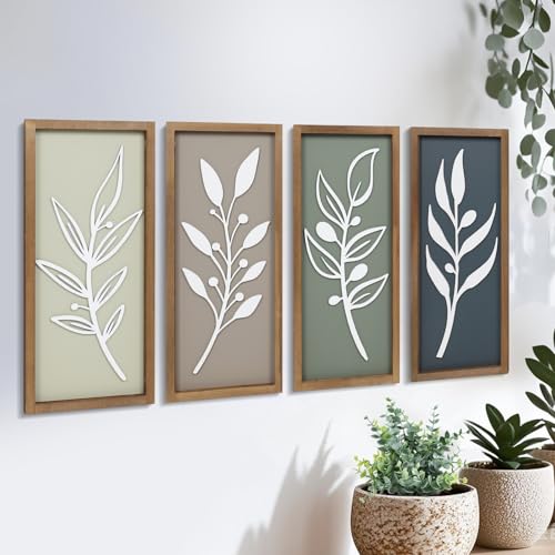 3D Tree Leaf Wooden Framed Boho Wall Art (Set of 4) Lightweight, Minimalist Botanical Farmhouse Bathroom Wall Decor For Living Room Bedroom Kitchen Office Hallway Decorations - color: Tree Leaf Brown