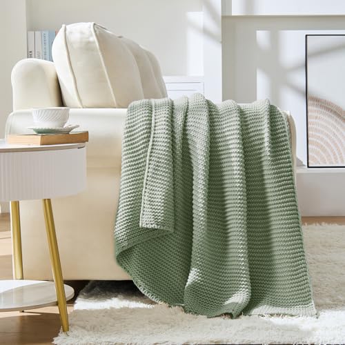 Cable Knit Throw Blanket for Couch, Sage Green Throw Blanket, Soft Cozy Stretchy Reversible Garter Knitted Blankets for Bed, 50"x60", Sage - color: Sage Green, size: 50"x60"