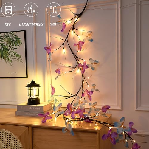 Willow Vine Light with Butterfly 48LED 5.9FT Enchanted Wall Decoration Vine Lights 8 Light Modes for Indoor Home Wall Decoration(Warm White)