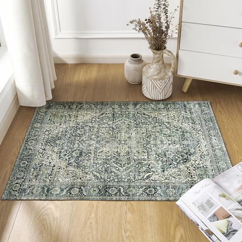 BILEEHOME Dark Emerald Green 2x3 Rug for Living Room,Vintage Floral Waterproof Non Slip Cool Area Rugs for Men Office Hardwood Floors Bedroom - color: Dark Green, size: 2' x 3' (Rectangular)
