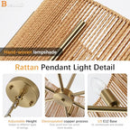 6-Light Hand-Woven Rattan Chandelier, 19.7" Farmhouse Boho Chandelier, Adjustable Rustic Wicker Ceiling Light Fixture for Dining Room Kitchen Island Bedroom Hallway Entryway - size: 19.7"