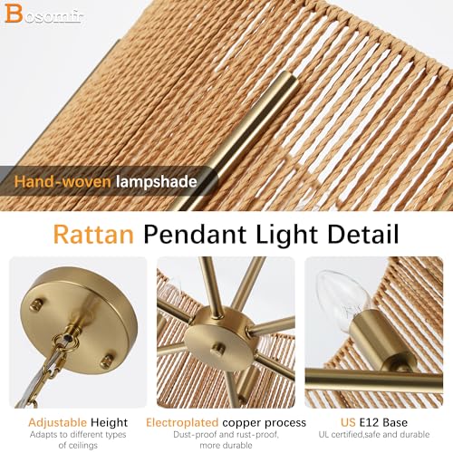 6-Light Hand-Woven Rattan Chandelier, 19.7" Farmhouse Boho Chandelier, Adjustable Rustic Wicker Ceiling Light Fixture for Dining Room Kitchen Island Bedroom Hallway Entryway - size: 19.7"