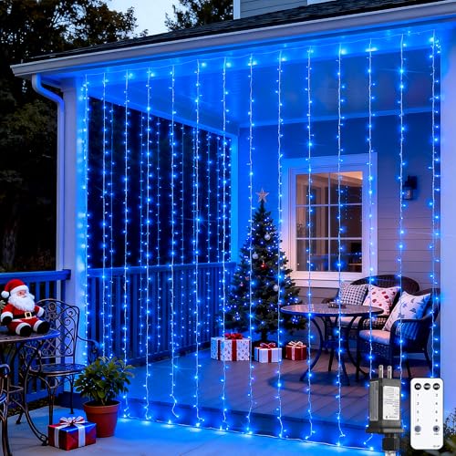 JMEXSUSS 300LED Blue Curtain Lights, Christmas Lights with Remote, Hanging String Lights for Bedroom Wall Window Backdrop Garden Indoor Outdoor Patio Yard Decorations, 9.8x9.8ft - color: Blue, size: 300 LED