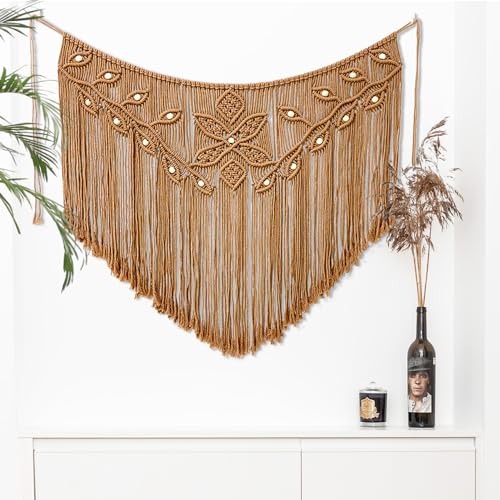 Youngeast Home Decor Leaf Shape Macrame Wall Hanging Woven Tapestry Bedroom Curtain Fringe Garland Banner Living Room Wall Decor Brown 39X31 inches - color: Brown