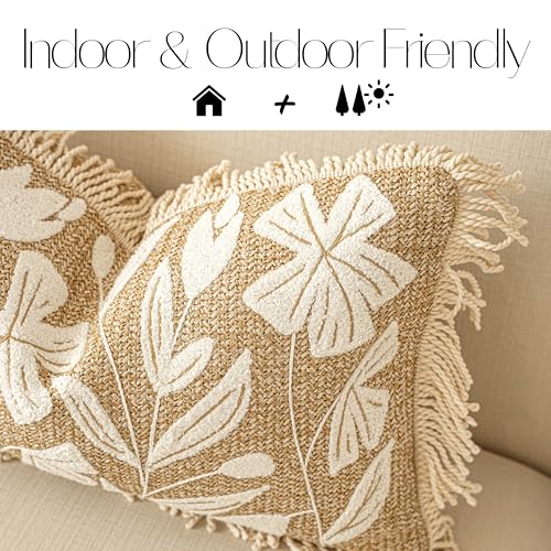 BlissBlush Throw Pillow Cover 20x20 Inch Indoor Outdoor, Jute-Look Floral Tufted Decorative Accent Pillow Case for Patio Sofa Couch Living Room, Cover Only - color: Jute Inspired, size: 20" x 20" (Pack of 1)