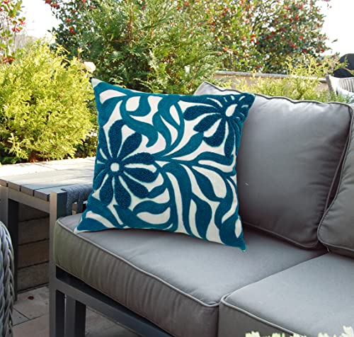 Alysheer Farmhouse Floral Leaves Embroidered Decorative Throw Pillow Cover 18x18 inches, Boho Tufted Flowers Embroidery Pattern Chic Cotton Cushion Case for Couch Bed Sofa Living Room(Teal Blue) - color: Teal Floral, size: 18" x 18" (Pack of 1)