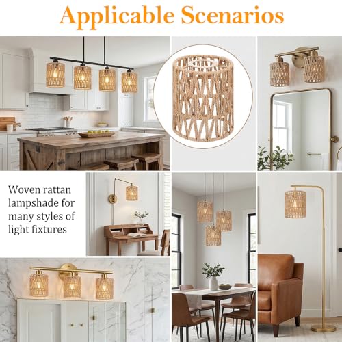 Kifmurase 3Pcs Small Rattan Lamp Shade, Boho Shades, Vintage Hanging Light Shade, 5.9" H x 4.7" D Cylinder Woven LampShades for Floor Lamps Pendant Light Chandelier Wall Sconces Light Fixture
