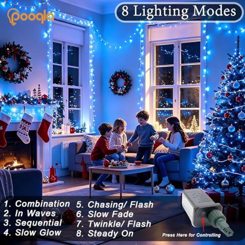 Pooqla 200 LED String Lights Indoor Outdoor, 66 ft Blue Christmas Lights Plug in with Timer, Connectable 8 Modes Waterproof Clear Wire Twinkle Fairy Lights for Halloween Xmas Tree Yard Decor - color: Blue, size: 200LED