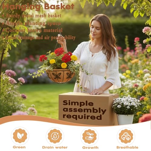 Metal 10 inch Round Planter, 4 Pack Hanging Wire Basket with Coco Fiber Liners for Outdoor Plants, Garden, Patio, Deck, Porch - size: 10 Inch, style: Butterfly