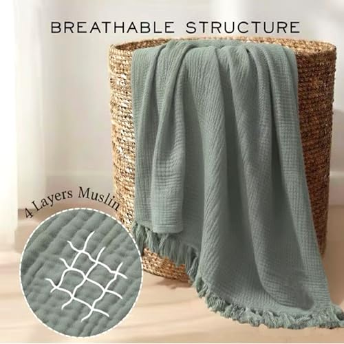 KyraHome 100% Organic Cotton Throw Blankets, 60"x80", Pre-Washed Plant Dyed, Lightweight Gauze Soft Muslin Blankets, Adults, Picnic, Travel, Summer, All Season, Sage Green - color: Sage Green, size: Large Throw