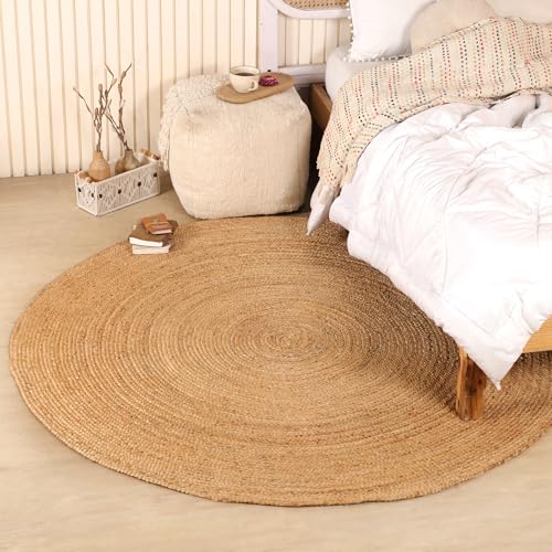 Handwoven 6FT Round Natural Jute Area Rug Rustic Reversible Solid Farmhouse Rug for Bedroom Living Room Dining Room and Office - size: 6' (Round)
