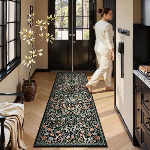 Moynesa Floral Kitchen Runner Rug, 2x6 Runners for Hallways 6ft Non Slip Washable Soft Rug Runners, Boho Botanical Ultra Thin Stain Resistant Carpet Runner for Bathroom Entryway, Black - color: Black, size: 2' x 6' (Runner)