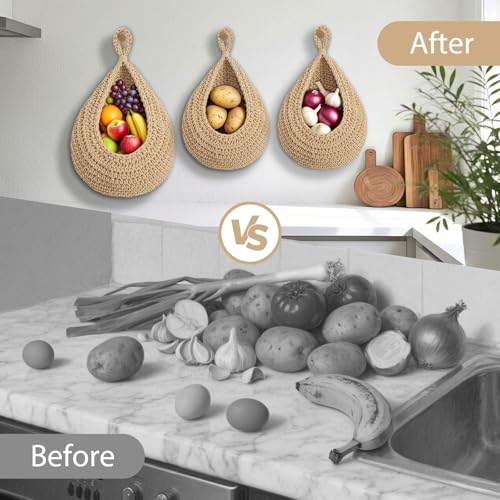 Halidali Hanging Fruit Baskets for Kitchen, 3 Pack Boho Cotton Rope Handwoven Vegetable Storage Wall Mounted Large Organizing Basket for Farmhouse Decor, Onion, Potato, Garlic and Plants (Linen) - color: Linen