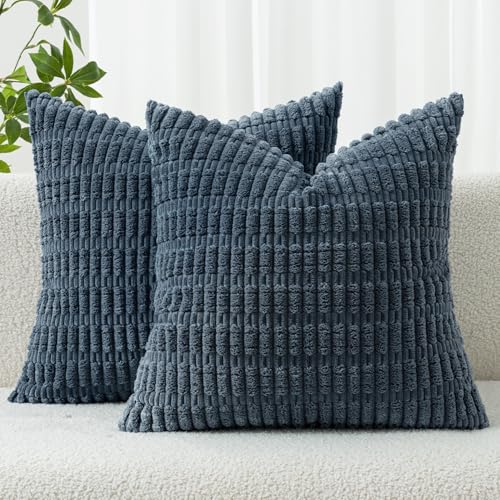 MIULEE Pack of 2 Corduroy Decorative Throw Pillow Covers 16x16 Inch Soft Boho Striped Pillow Covers Modern Farmhouse Home Decor for Summer Coastal Sofa Living Room Couch Bed Blue - color: Blue, size: 16" x 16" (Pack of 2)