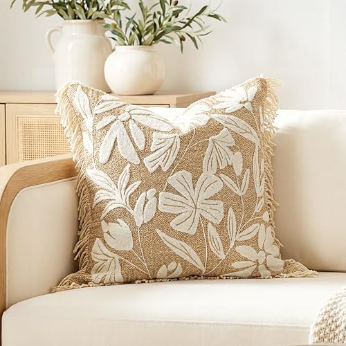 BlissBlush Throw Pillow Cover 20x20 Inch Indoor Outdoor, Jute-Look Floral Tufted Decorative Accent Pillow Case for Patio Sofa Couch Living Room, Cover Only - color: Jute Inspired, size: 20" x 20" (Pack of 1)