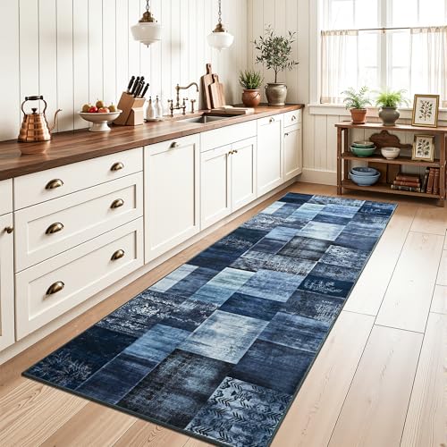 Tepook Modern Runner Rug for Living Room, 2x6 Washable Rugs for Bedroom Hallway, Geometric Patchwork Runner Rug Non-Slip Indoor Throw Carpet for Entryway Kitchen Office Home Decor, Blue - color: Blue, size: 2 X 6 Feet