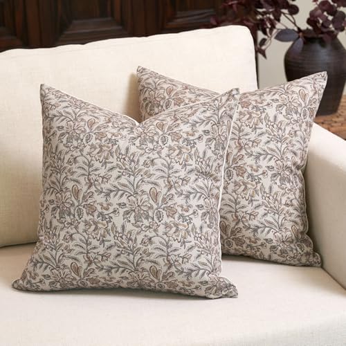 Amor Virisso Floral Throw Pillow Covers 18x18 Set of 2 Vintage Block Print Pillow Covers Decorative Pillow Covers Couch Pillows for Living Room Farmhouse Accent Sofa Pillows, Red/Sand - color: Red/Sand, size: 18" x 18" (Pack of 2)