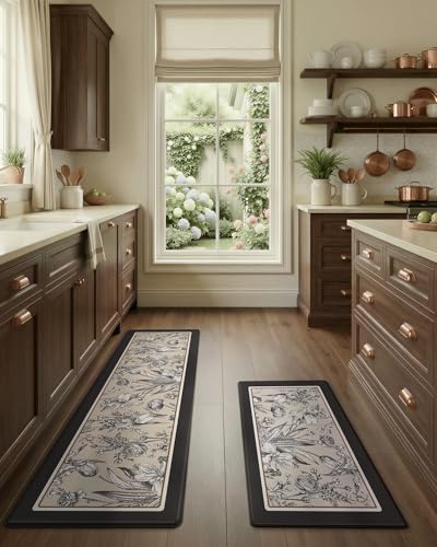 LUMI Anti-Fatigue Kitchen Floor Mats Set of 2,Cushioned Comfort Standing Rug Waterproof 2PCS, Non-Slip Ergonomic Foam Runner for Sink, Laundry, Office & Home,17x29+17x59, - color: Cream Black, size: 59"L x 17"W x 0.4"Th + 30"L x 17"W x 0.4"Th