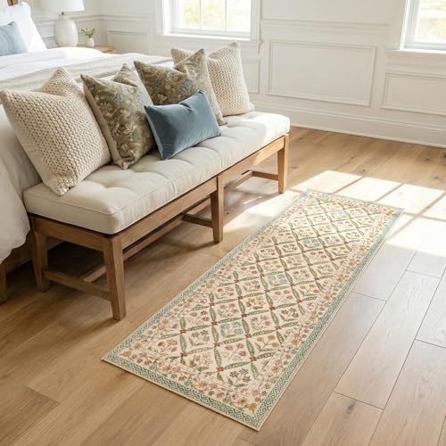 jinchan Haden Runner Rug 2x5 Vintage Floral Washable Hallway Rug for Entrance Kitchen Soft Non-Slip Low Pile Bedside Laundry Room Cottage Calm Indoor Decor Teal Blue - color: Teal Blue, size: 2' x 5' (Runner)