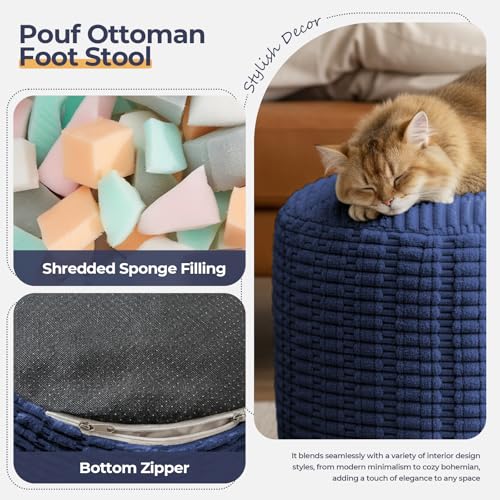 Large Round Pouf Ottoman Stuffed Corduroy Poufs Foot Rest with Foam Filling Fluffy Pouf Storage Ottoman Relax Stool for Living Room Couch 26 X 18 Inches, Blue - color: Blue, size: 26"D x 26"W x 18"H