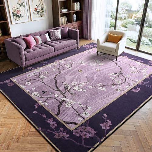 8x10 Area Rugs for Living Room, Oriental Floral Birds Large Washable Rug for Bedroom, Soft Low Pile Non Slip Carpet for Dining Room Kids Room Farmhouse Office Home Decor, Purple - color: Purple, size: 8' x 10' (Rectangular)