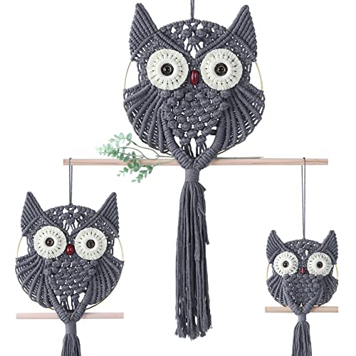 MVSUTA Owl Grey Cotton Handmade Macrame Wall Hanging Tapestry Home Decor Art and Gray Craft Wonderful Decoration Woven Boho Ornament for Office Bedroom Apartment Nursery Gallery,3pcs set:1pc L & 1pc M - color: Grey, size: 3pcs set:1pc L & 1pc M & 1pc S