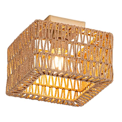 Rpzloila Rattan Ceiling Light, Gold Boho Light Fixture, Square Flush Mount Ceiling Light for Bedroom, Hallway, Entryway, Kitchen, Cabinet - color: Gold, size: 1-Light-Square
