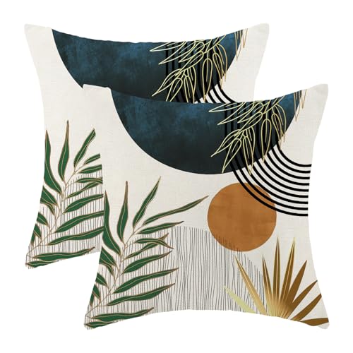Boho Pillow Covers 16x16 Set of 2 Green Gold Navy Blue Throw Pillow Covers Mid Century Bohemian Style Tropical Leaf Pillowcase Farmhouse Decorative Cushion Case For Home Sofa Outdoor Decoration - color: Mid Century-navy Blue, size: 16" x 16" (Pack of 2)