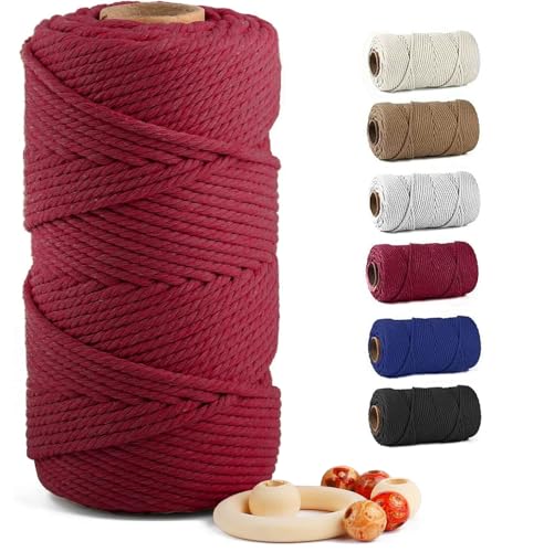Macrame Cotton Cord 6mm x 109 Yards, ZUEXT 100% Natural Handmade Colorful 4 Strands Twisted Braided Cotton Rope for Wall Hanging Plant Hangers Gift Wrapping Tapestry DIY Crafts (100m, Red Wine) - color: Red Wine, style: 6mm x 100m