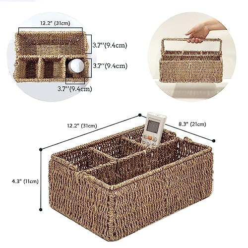 PEMAR Large L-Sized Hand Woven Utensil Caddy Carrier, Natural Jute Wicker Condiment Holder for Table, Kitchen Set Counter Top Silverware Organizer, Rustic Storage for Forks, Spoons, Seagrass