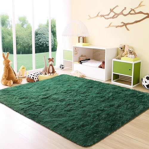 Awaytail Fluffy Throw Fade Resistant 3x5 Feet, Jasper Small Throw for Boys Room, Plush Furry Bedside Rug for Bedroom - color: Blackish Green, size: 3' x 5' (Rectangular)
