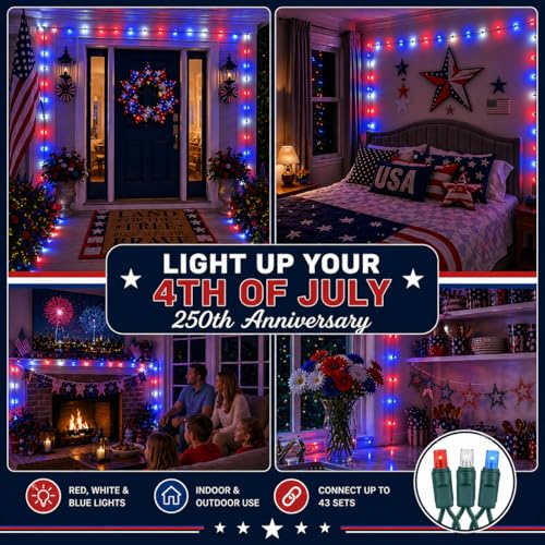 Novelty Lights 50 LED 25ft Red White Blue Lights, USA Patriotic 4th of July String Lights, Wide Angle Mini Lights on Green Wire, Commercial Grade, Connectable Indoor Outdoor Christmas Lights - color: Red / White / Blue