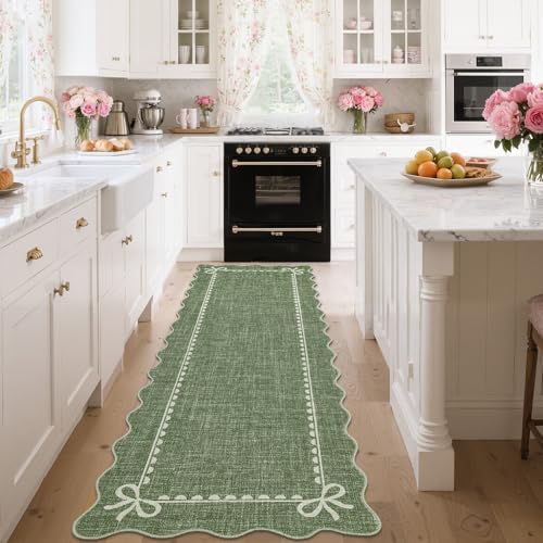 GarveeHome Scalloped Bow Rug for Living Room, Solid Green Rug for Dorm, Washable Runner Rug 2.5x8 Soft Low Pile Non Slip Scalloped Rugs for Nursery Bedroom Decor Hallway Entryway Playroom - color: Green, size: 2'6" x 8' (Rectangular)