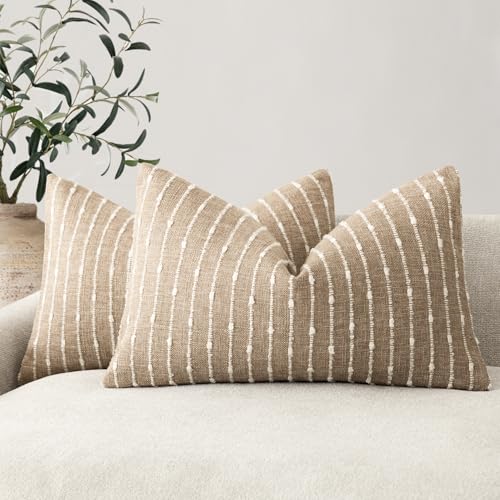 Foindtower Pack of 2 Decorative Jacquard Boucle Lumbar Throw Pillow Covers Accent Textured Striped Pillowcases Cozy Boho Cushion for Couch Sofa Bedroom Living Room Home Decor 12x20 Inch Camel - color: Camel, size: 20" x 12" (Pack of 2)