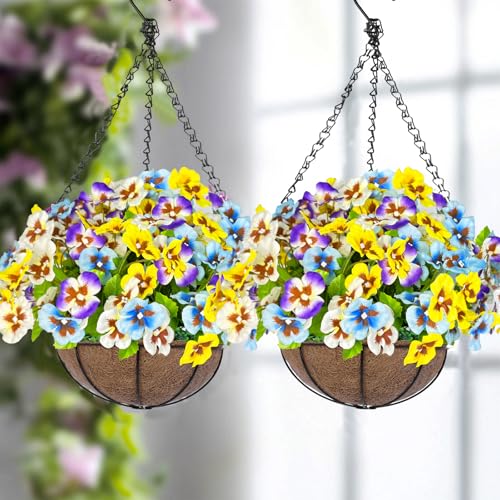 Artificial Hanging Flowers Plants Baskets Outdoor Outside Decoration, Pansies UV Resistant Waterproof Spring Fake Silk Flowers Faux Hanging Planters for Porch Patio Balcony Yard Home Decor - color: 1 Set – Pansies Tri-color (Purple/Yellow/White)