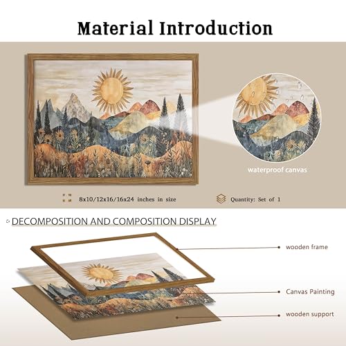 Framed Boho Sun Canvas Wall Art, Modern Abstract Mountain Landscape Painting, Southwestern Sun Poster Picture Print, Boho Floral Aesthetic Wall Decor for Bedroom Home Office 8x10 inch - color: Mountain Scenery, size: 10"L x 8"W
