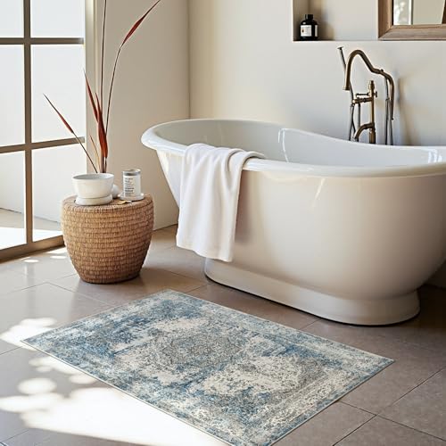 jinchan Area Rug 2x3 Washable Door Mat Vintage Distressed Rug Doormat Indoor Entrance Thin Traditional Floral Lightweight Non Slip Carpet for Kitchen Bedroom Living Room Blue - color: Vintage Blue, size: 2' x 3' (Rectangular)