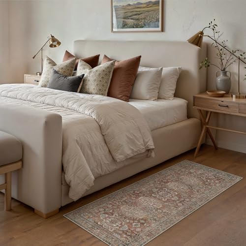 Bavni 2x5 Rug Runner, Washable Runner Rug Non Slip, Vintage Ultra Thin Low Pile Hallway Runner Rug for Kitchen Entryway Bedroom, Brick - color: Brick, size: 2' x 5' (Rectangular)