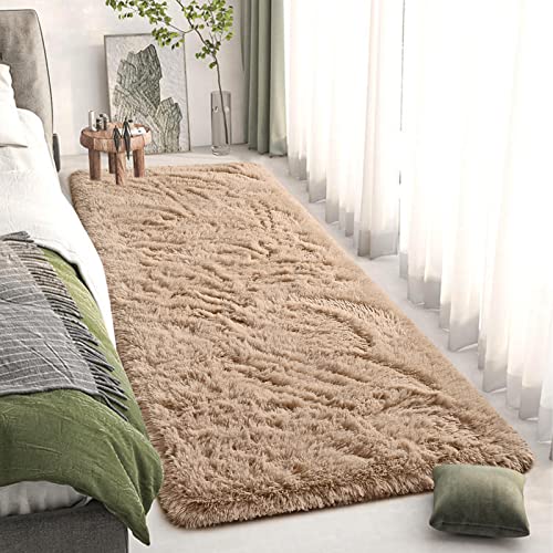DweIke Fluffy Beige Runner Rugs for Bedroom, 2x6 Feet Soft Plush Long Runners for Girls Boys Kids, Non-Slip and Machine Washable Bedside Rug, Small Throw Carpet for Hallway Rooms Decor - color: Beige, size: 2 Ft X 6 Ft