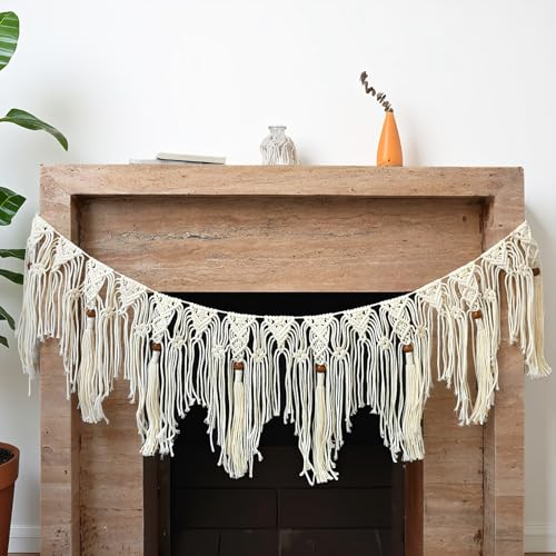 HOBO Garland, Boho Hanging Tassel, Handmade Macrame Banner for Fireplace/Birthday Party/Wedding/Window/Doorway/wall/Room/Decoration, Handcraft wall Art taperstry 44″ X 12″ (Beige) - color: Beige