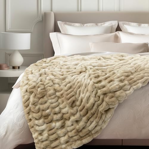 Ultra Soft Cozy Faux Fur Throw Blanket, Fuzzy Plush Thick Bubble Blanket, Oversize Luxury Fluffy Blanket for Couch, Sofa, Bedroom, and Living Room,50x60 Inches,Double Sided Tie-Dye Camel - color: Double Sided-tie Dye Camel, size: Throw