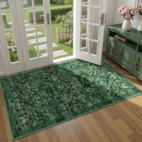 Dark Green 2x4 Runner Rug for Hallways Bed Side Kitchen, Boho Washable Distressed Low-Pile Floor Entryway Long Bathroom Mat, Non-Slip Laundry Room Washstand Front Carpet Green 24x48 Inch - color: Dark Green, size: 2'x4'