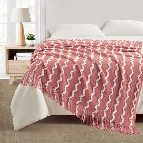BOURINA Fluffy Chenille Knitted Fringe Throw Blanket Lightweight Soft Cozy for Bed Sofa Chair Throw Blankets, Coral Pink 50" x 60" - color: A-coral Pink, size: 50"×60"