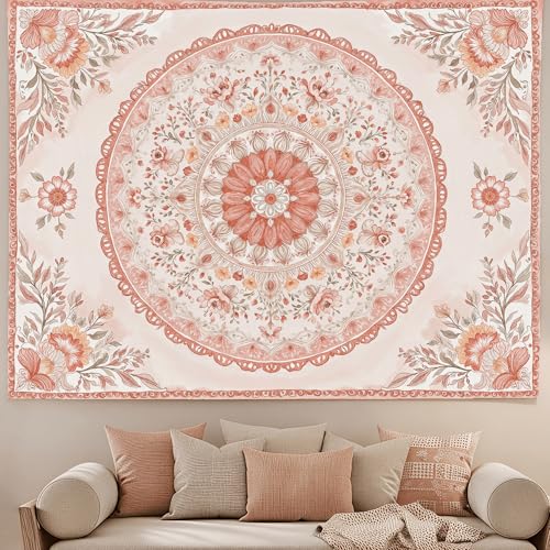 Motanber Pink Mandala Tapestry Wall Hanging Boho Floral Tapestry Aesthetic Watercolor Flower Medallion Cute Small Tapestries for Bedroom Living Room Dorm Decor 60 x 44 Inch - color: Peach Pink, size: 60"L x 44"W