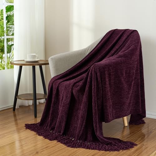 Chenille Throw Blanket for Couch with Tassels,60"X80" Soft Cozy Lightweight Knitted Boho Decorative Blankets for Bed and Sofa,Aubergine - color: Aubergine, size: 60"x80"