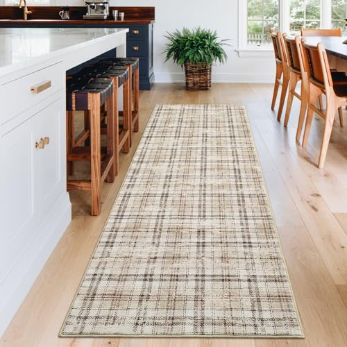 Garvee Tartan Plaid Washable Rugs for Entryway 2.5x12 Runner Rug Non Slip Kitchen Rugs Modern Soft Bath Mat Low Pile Stain Resistant Carpet for Bedroom Hallway Laundry Living Room 2'6''x12' Beige - color: Plaid|beige, size: 2'6" x 12' (Runner)